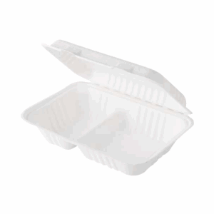 Clamshell de Bagazo de Fibra de Caña Compostable de 3 Divisiones Blanco de 9x6 pulgadas